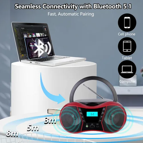 Miniatura 4 de Boombox Reproductor de CD Portátil, Reproductores de CD Portátiles para el Hogar, Reproductor de CD de Radio Estéreo con AUX/USB/FM/Bluetooth
