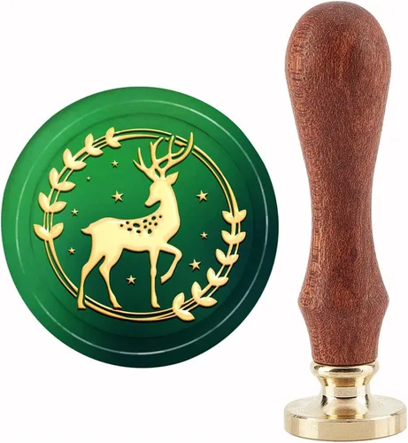 CRASPIRE Sello de cera vintage con diseño de ciervo y corona, 1.181 in, cabeza de sello de latón extraíble retro con mango de madera para
