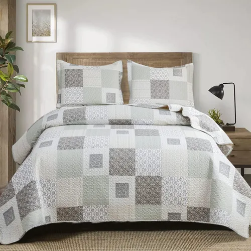 Miniatura 8 de Juego de colcha tamaño queen de Ycosy, ropa de cama a cuadros, colcha de retazos, colcha suave y ligera, colcha a rayas grises y blancas, colcha