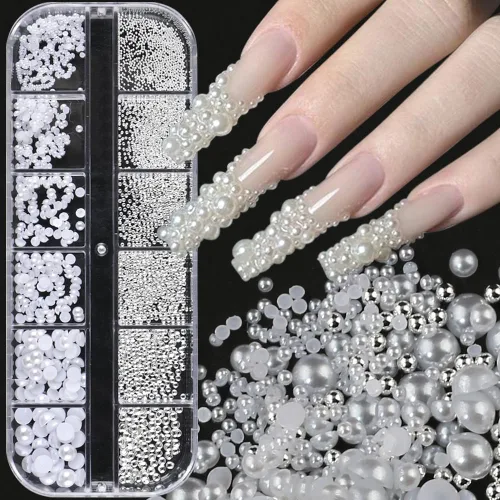 Miniatura 7 de 1 caja/12 rejillas para arte de uñas, perlas blancas para uñas, cuentas de perlas semicirculares, pequeñas cuentas de acero inoxidable, cuentas