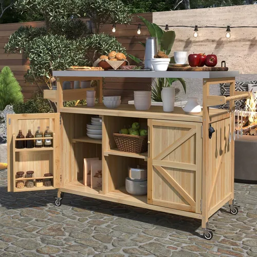 Miniatura 3 de Carrito de bar al aire libre con armario de almacenamiento, isla de cocina portátil con ruedas, mesa de preparación de consola al aire libre