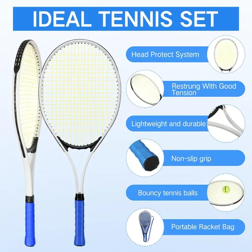 Miniatura 4 de 4 raquetas de tenis para adultos recreativas para 4 jugadores, raqueta de tenis ligera de 27 pulgadas con 3 pelotas de tenis para entrenar rojo