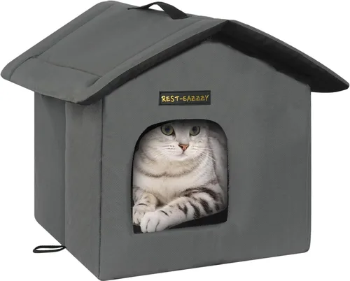 Miniatura 10 de Rest-Eazzzy Casa para gatos al aire libre, resistente a la intemperie y aislada, con alfombrilla y toldo, fácil de poner, refugio para gatos