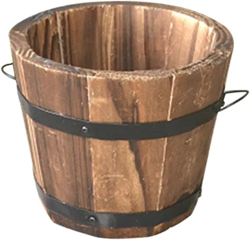 Miniatura 11 de Maceta de barril de madera, maceta rústica para uso en interiores y exteriores con agujeros de drenaje, maceta marrón de 7 pulgadas para plantas