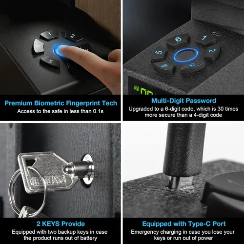 Miniatura 8 de Caja fuerte para pistola de mano, caja fuerte biométrica con apertura biométrica, 3 formas de acceso rápido con huella dactilar/código PIN/CLAVE