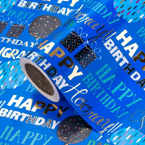 WRAPAHOLIC Papel de regalo para cumpleaños - Rollo mini - 17 pulgadas x 16.5 pies - Papel de regalo azul dorado con foil brillante de feliz Azul -