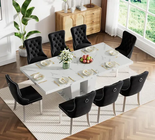 Miniatura 23 de Juego de mesa de comedor extensible de 5 piezas, juego de mesa de comedor extensible de estilo granja para 4, mesa de cocina expandible de madera