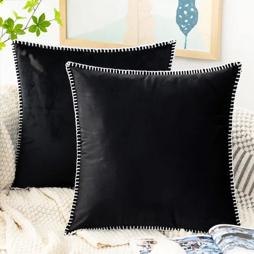 GAWAMAY Juego de 2 fundas de almohada decorativas de color negro otoñal de 16 x 16 pulgadas, fundas de cojín cuadradas de terciopelo suave con borde