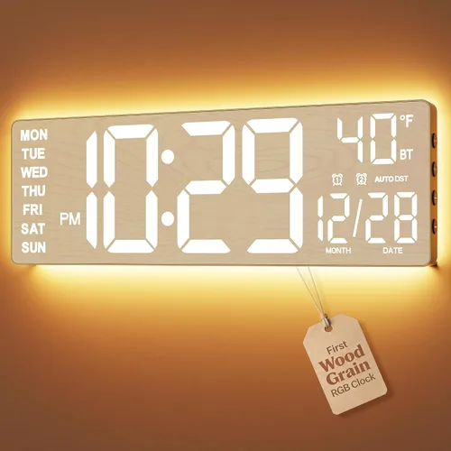 EASYERA Reloj de pared digital grande de 16.5 pulgadas con sincronización BT, reloj de grano de madera con 11 escenas de luz RGB, control remoto,