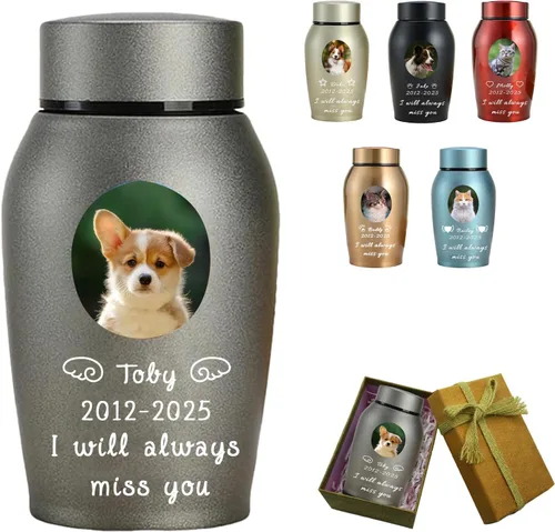 Miniatura 13 de Urna personalizada para mascotas para perros y gatos, urna personalizada de acero inoxidable de alta calidad para cenizas de perro con foto grabada