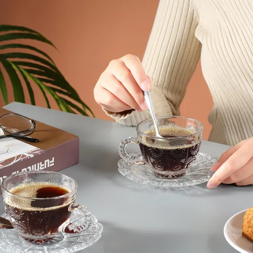 Miniatura 6 de Juego de 6 tazas de té y platillos de vidrio, tazas de café vintage con cuchara de acero inoxidable, tazas de té aptas para lavavajillas