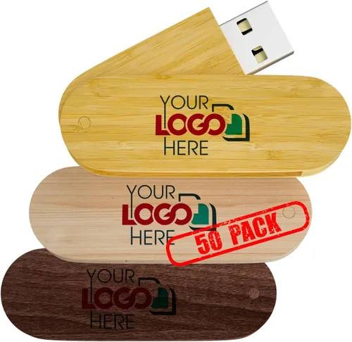 Unidad flash USB 2.0 de madera giratoria personalizada 128MB impresa o grabada con su logotipo - Promocional al por mayor a granel - Paquete de 50