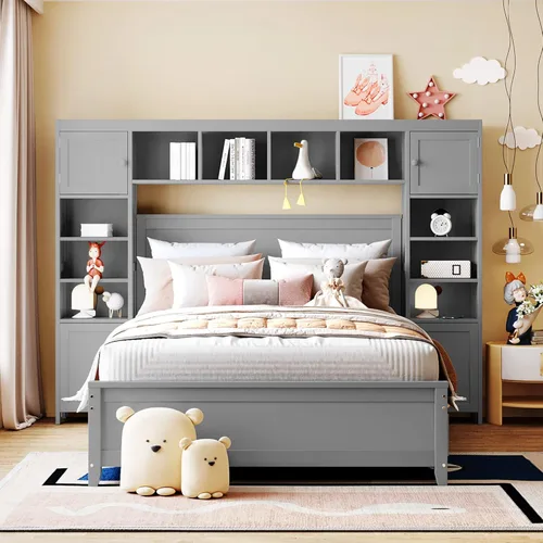 Miniatura 29 de Cama de plataforma tapizada de tamaño matrimonial con nido, cama con plataforma tapizada de vellón de peluche con soporte de listones de madera