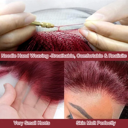 Miniatura 6 de Nsvnsv Peluca de cabello humano burdeos 99j borgoña de 13 x 6 pulgadas, pelucas de encaje frontal transparente HD de cabello humano prearrancado