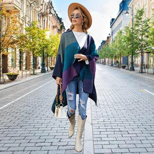 Miniatura 21 de Poncho chal para mujer, suéteres suaves y cálidos para mujer, parte delantera abierta, poncho de viaje para otoño, invierno y primavera