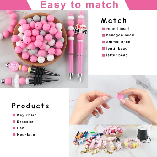 Miniatura 5 de Sunrony 70 cuentas de silicona para hacer collares, cuentas redondas de silicona a granel de 0.591 in para bolígrafos (rosa)