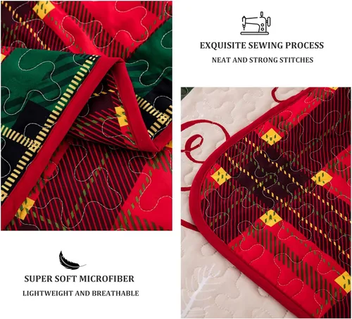 Miniatura 5 de Menghomeus Juego de edredón de Navidad tamaño king reversible, colcha a cuadros, rojo y verde, con retazos, juego de edredón de Navidad, árbol
