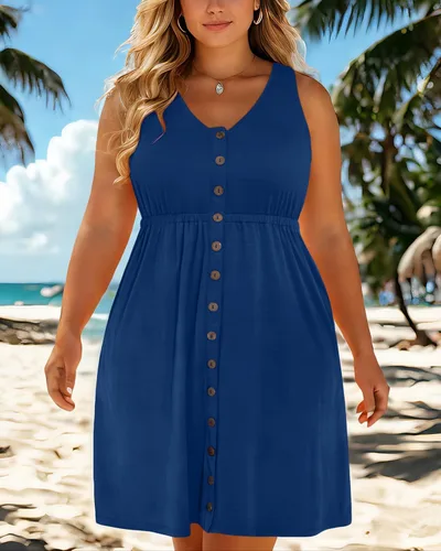 Miniatura 42 de Holipick Vestidos de verano para mujer, talla grande, casual, con bolsillos, acampanado, con botones, sin mangas, cuello en V