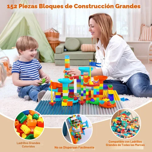 Miniatura 5 de Arscniek Mesa de actividades para niños pequeños 7 en 1, juego de mesas de actividades y sillas con 152 bloques de construcción grandes de mármol