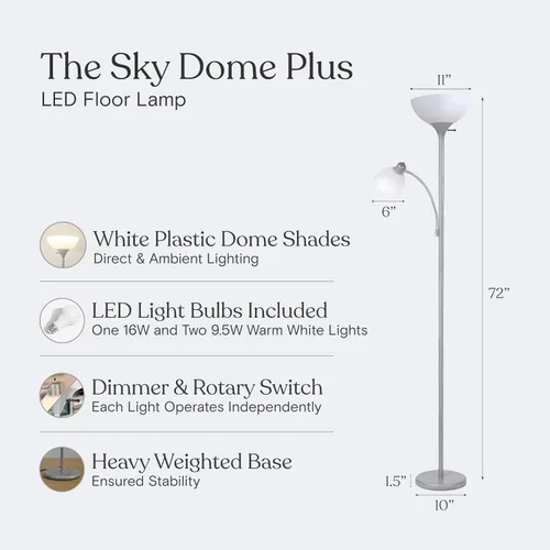 Miniatura 3 de Brightech Torchiere Lámpara de pie LED Sky Dome Plus, lámpara de pie súper brillante con lámpara de lectura para salas de estar y oficinas, lámpara