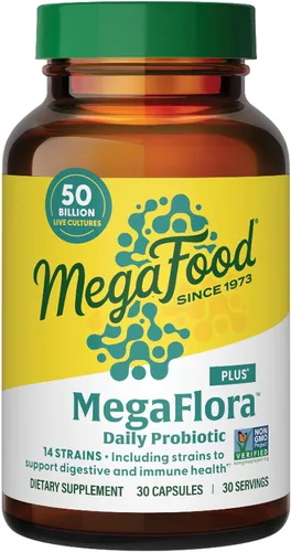MegaFood MegaFlora Probiotic Plus - Probióticos para mujeres y hombres Salud digestiva - 50 mil millones de UFC y 14 cepas - Suplemento de apoyo