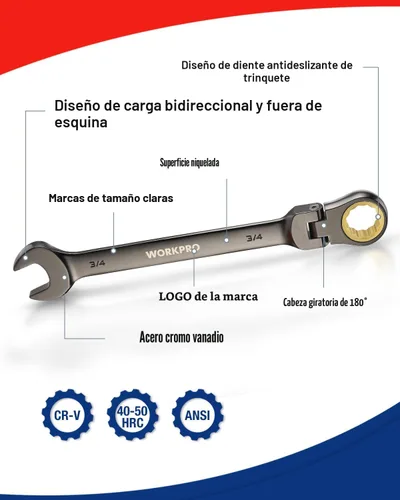 Miniatura 8 de WORKPRO Juego de llaves combinadas de trinquete de cabeza flexible de 8 piezas, SAE 5/16-3/4 pulgadas, 72 dientes, construcción CR-V, niquelado