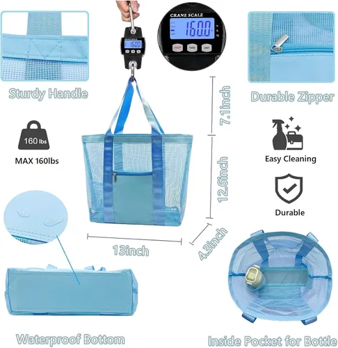 Miniatura 7 de Bolsa de playa de malla, bolsa de playa, ligera, impermeable, a prueba de arena, bolsas de viaje duraderas para juguetes de playa