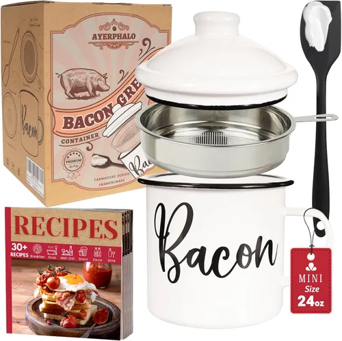 Miniatura 12 de Recipiente para grasa de tocino con colador - Con espátula de silicona de grado alimenticio de 24oz, recipiente rústico de grasa esmaltado