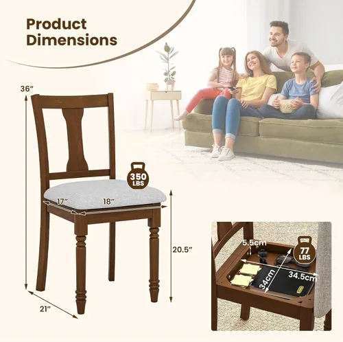 Miniatura 3 de KOTEK Juego de 2 sillas de comedor tapizadas, sillas de cocina de granja con patas de madera maciza, compartimento de almacenamiento oculto