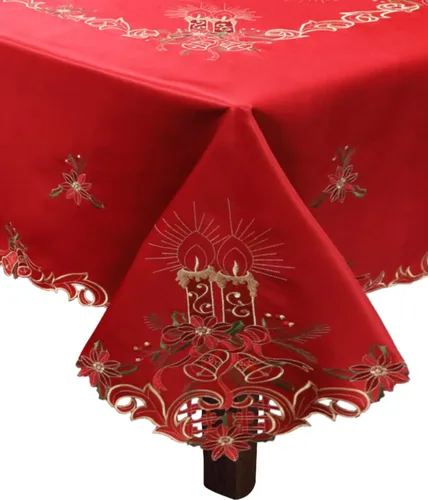 Miniatura 2 de Creative Linens Mantel Navideño Bordado con Flor de Pascua Vela Campana 70x90 Rectangular con 8 Servilletas ROJO Dorado