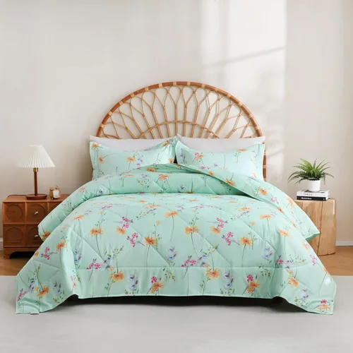 Miniatura 7 de Juego de ropa de cama JSD de microfibra con estampado floral verde, tamaño Queen, 3 piezas, edredón alternativo ligero para todas las estaciones