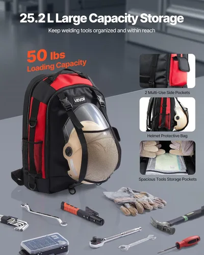 Miniatura 2 de VEVOR Mochila de soldadura, mochila de soldador de 25.2L para herramientas y casco, paquete de equipo extremo de poliéster de alta densidad 1680D