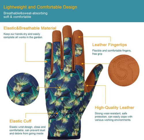 Miniatura 2 de Bamllum Guantes de cuero para jardinería para mujer, guantes de trabajo para deshierbe, excavación, plantación, rastrillo y poda Putaohua
