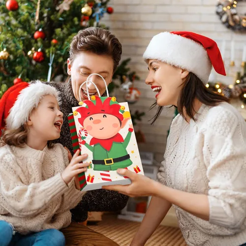 Miniatura 5 de Funrous - 18 paquetes de 36 bolsas de regalo de Navidad - 6 diseños - bolsas de papel kraft de Navidad - regalos de Navidad con asas para aperitivos