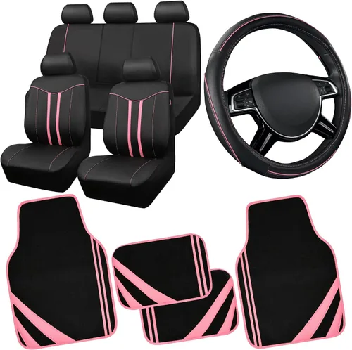CAR PASS Juego completo de fundas para asientos de auto y volante (de cuero y antideslizante) y tapetes impermeables, mujer o niña, ajuste