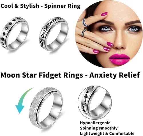 Miniatura 2 de Juego de 9 anillos giratorios de acero inoxidable multiestilo para mujeres y hombres anillos antiestrés para la ansiedad para mujeres anillos