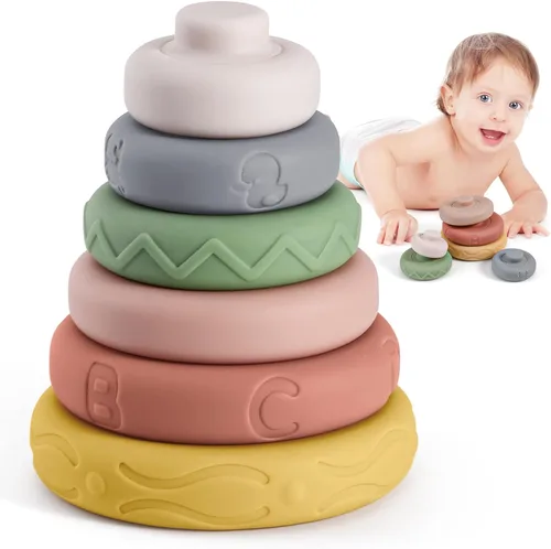 BOBXIN Anillos apilables y anidados para bebés de 4.7 pulgadas, 6 piezas de silicona suave, apiladores de construcción circulares, juego de apretar