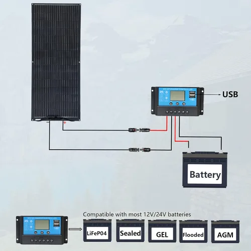 Miniatura 6 de XINPUGUANG Panel solar flexible de 100 W 12 V, kit de sistema solar monocristalino, controlador de carga de 10 A, cable de extensión, carga