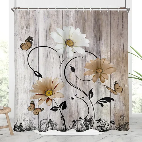 Miniatura 32 de AAtter Cortina de ducha floral azul rústica boho gris blanco amarillo margarita naturaleza negro botánico telón azul verdoso turquesa tela única