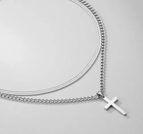 Miniatura 4 de Zocomi Collar de cruz para hombres y niños, acero inoxidable en capas de eslabones cubanos con cadena de espiga colgante de cruz cristiana, joyería