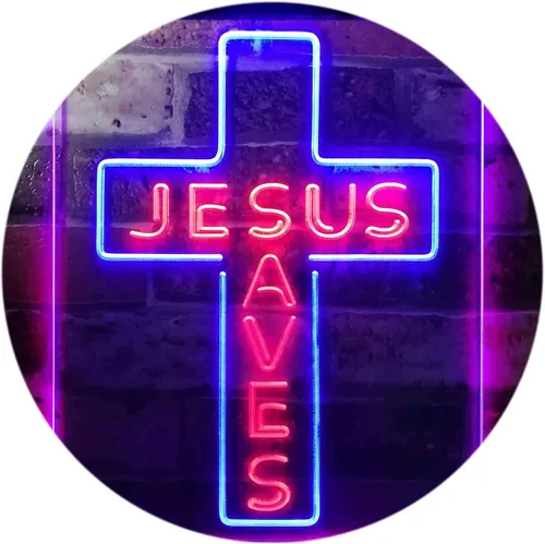 Miniatura 15 de ADVPRO Placa de pared con diseño de Jesús salva cruz, regalos de inauguración de la casa, letrero de neón LED de doble color, azul y rojo, 8.5 x 12