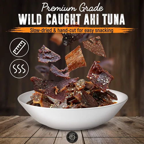 Miniatura 3 de Kaimana Cecina de atún Ahi silvestre capturada en la naturaleza, sal de limón, rica en omega-3 y alta en proteínas, cecina de pescado totalmente Sal