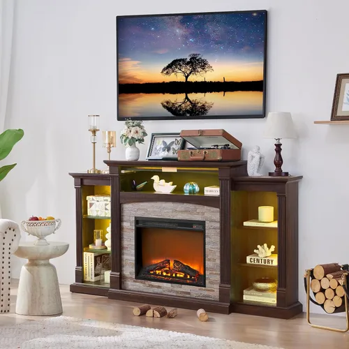 Miniatura 7 de SAVOR LIFE Soporte de TV con Chimenea para TV de 80'', Chimenea Eléctrica de 70" con Repisa, Centro de Entretenimiento Estilo Granja de 39" de Alto