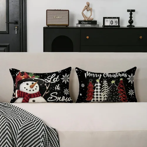 Miniatura 2 de TAJWE Fundas de almohada navideñas de 12x20, juego de 2, deja caer la nieve, muñeco de nieve, árboles de Navidad, fundas de cojín lumbares negras