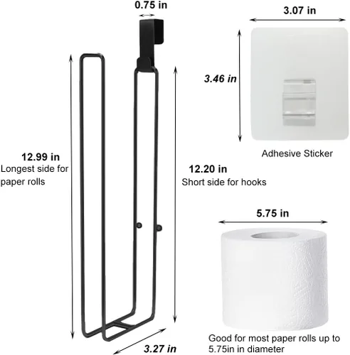 Miniatura 4 de Soporte de papel higiénico negro con almacenamiento extra de 3 rollos de papel higiénico, soporte de pared para colocar sobre el tanque, soporte 1