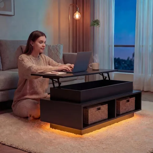 Miniatura 3 de YESHOMY Mesa de Centro Elevable de 40" con Almacenamiento Oculto y Luces LED Multicolor, Mesa Cuadrada Moderna de Madera con 4 Estantes Abiertos