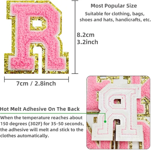 Miniatura 7 de Jongdari Letras termo-adhesivas de felpilla para ropa, parche del alfabeto con purpurina y adhesivo planchado, 26 unidades, color rosa