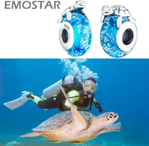 Miniatura 2 de Los dijes del océano marino se adaptan a la pulsera europea de animales de verano, delfines madresniños, tortuga sobre cuentas de vidrio azul, pez