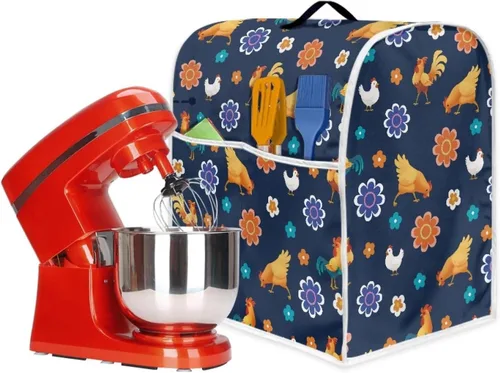 Miniatura 7 de Cubierta para batidora de pie a prueba de polvo con dibujos animados de pollo y flores para el hogar, cocina, decoración con mango y bolsillo
