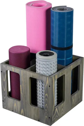 MyGift 4-Slot Vintage Brown Wood Foam Roller Storage Organizer, Wall Mounted or Floor Standing Holder Rack for Yoga Mats and Gym Accessories